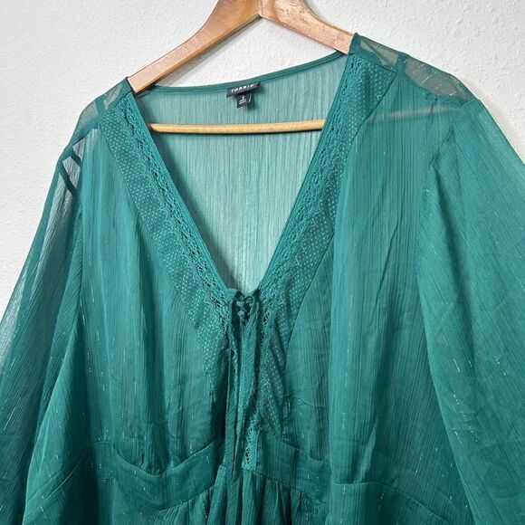 Torrid Green Semi Sheer Fairy Green Bell Sleeve V Neck Tassel Shimmer Top Sz 5X - Picture 2 of 15